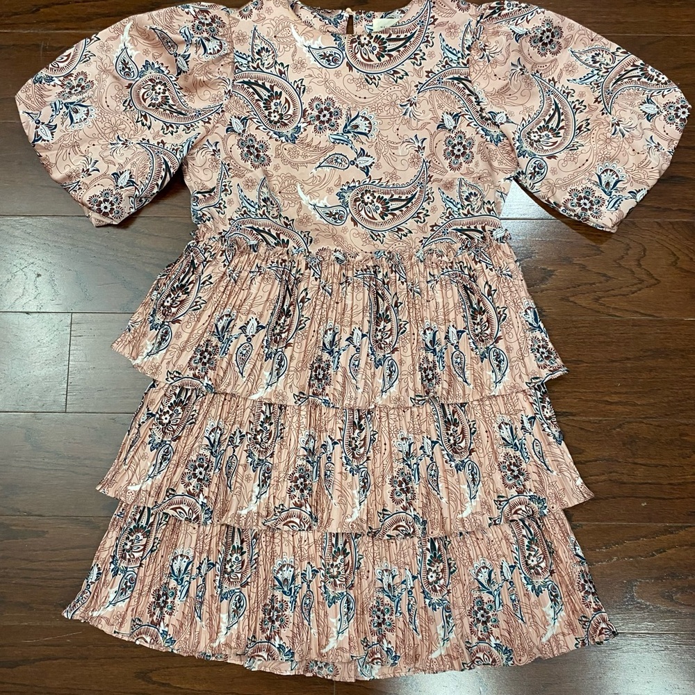 Melloday Floral Paisley Puff Sleeve Tiered Midi Boho Dress Women's Small